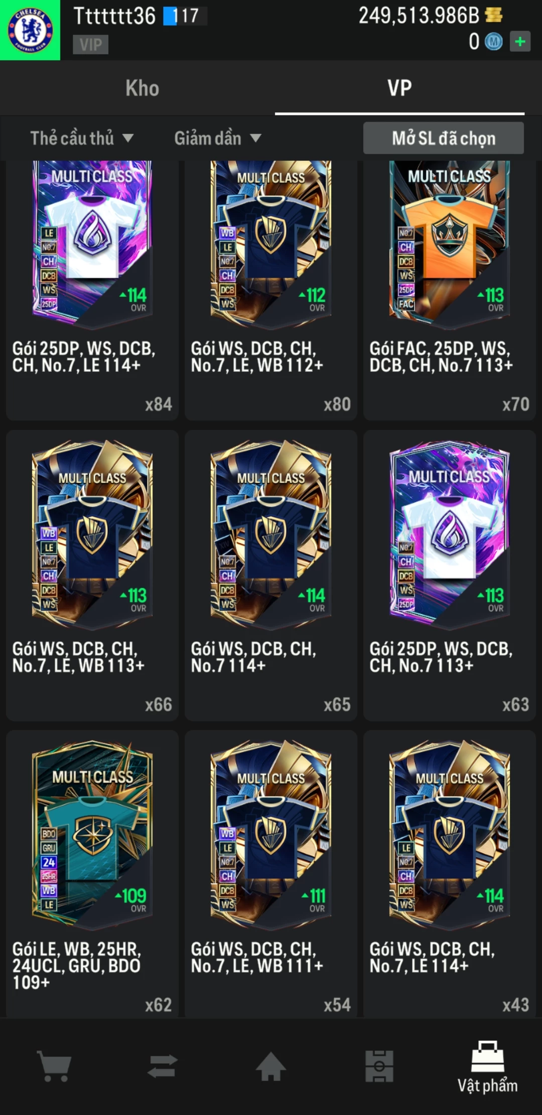 Ảnh ACC mở thẻ (LOẠI SVIP PROMAX) bao gồm có 02 thẻ +12, 04 thẻ PRIME (QH+, CP+, XS+, HĐ+) và hơn 1600+ thẻ cầu thủ từ Siêu sao đến Miền núi các loại. Acc có sẵn BP trắng từ 230.000 tỷ BP đến 250.000 tỷ BP kèm theo nhiều ngày SVIP